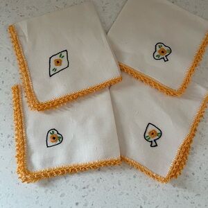 Vintage Embroidered Napkins Set of 4 House of Cards Floral Card Game Granny